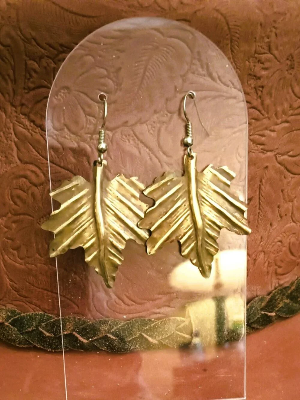 Handmade Dangle Leaf Earrings Vintage Gold Tone Crimped Metal Boho Jewelry